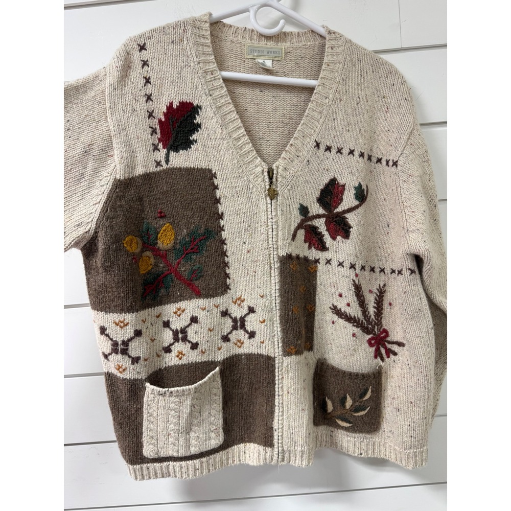 Studio Works Vintage Oatmeal Speckled Fall Patchwork Zip Cardigan Sweater XL - Picture 6 of 9